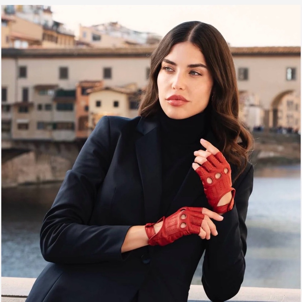 Women’s Red Leather Driving Gloves - Classic Fingerless Style
